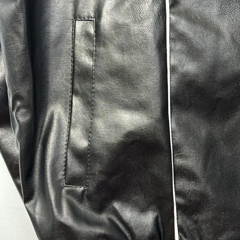 Jiechaofang Black with White Piping Faux Leather Jacket in Size‎ XL